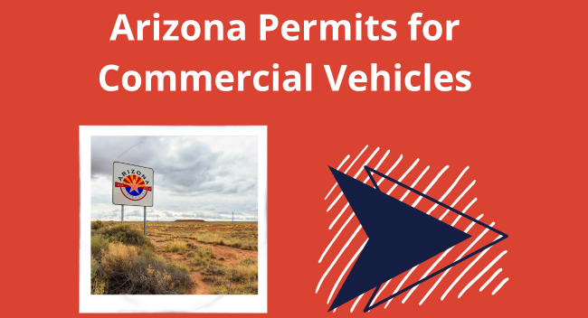 A sign displaying "Welcome to Arizona" stands on a vast, open landscape under a cloudy sky. Above, bold text reads, "Arizona Permits for Commercial Vehicles". A blue arrow decorates the right side.