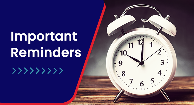 A classic white analog alarm clock displaying 10:10 sits on a wooden surface. To the left, bold text reads, "Important Reminders" with a series of right-pointing arrows below.