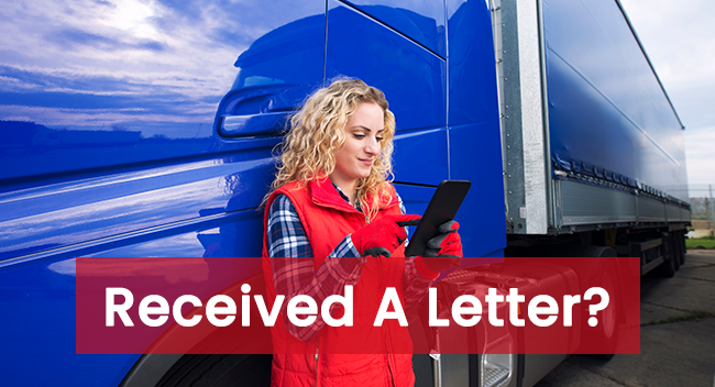 Woman wearing a red vest holds a smartphone, standing beside a blue truck. Text overlay reads, "Received A Letter?".