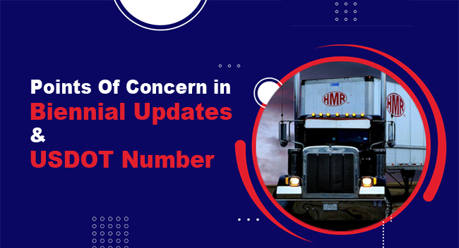 A large black truck drives forward at night, framed by red and white circular graphics. Text reads, "Points Of Concern in Biennial Updates & USDOT Number," highlighting regulatory topics.