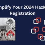 Hazardous material placards are displayed on a silver metal surface. Text reads, "Simplify Your 2024 HazMat Registration," alongside interlocking red and white square icons.