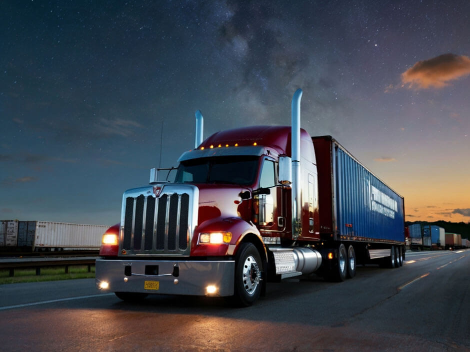 Powerful Red Semi-Truck on the Open Road at Night