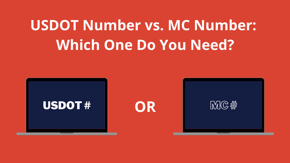 Two laptops on a red background display "USDOT #" and "MC #." Text above asks, "USDOT Number vs. MC Number: Which One Do You Need?" Ideal for those seeking USDOT services.