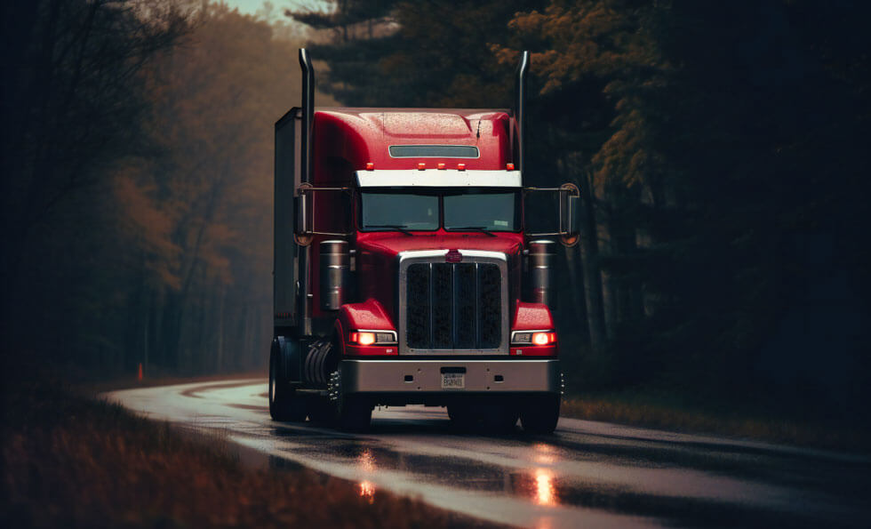 A red semi-truck drives on a wet, winding road surrounded by dense, shadowy trees, reflecting the dim light.