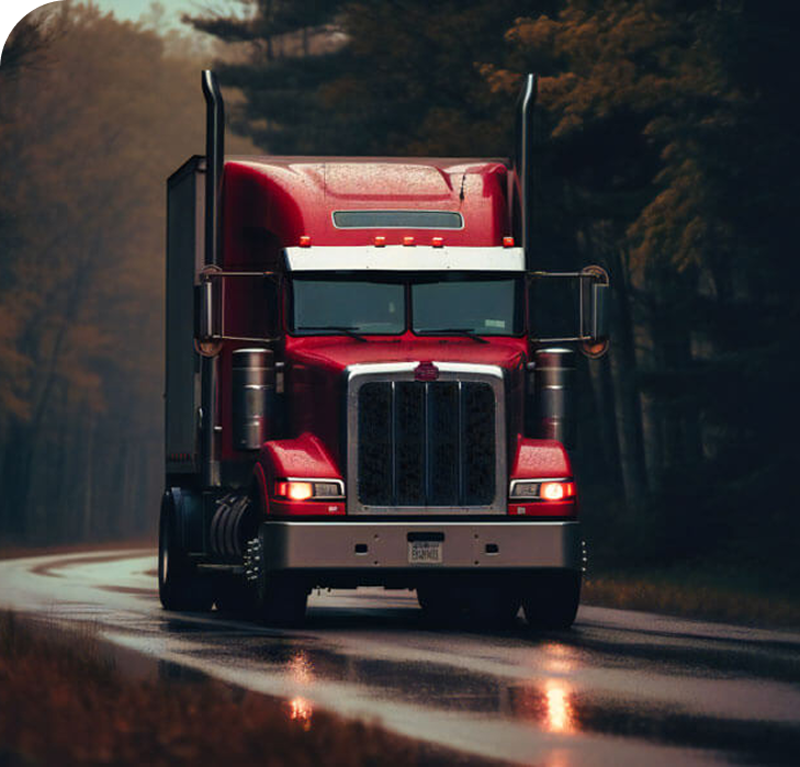 A red semi-truck drives on a wet, winding road surrounded by dense, shadowy trees, reflecting the dim light.